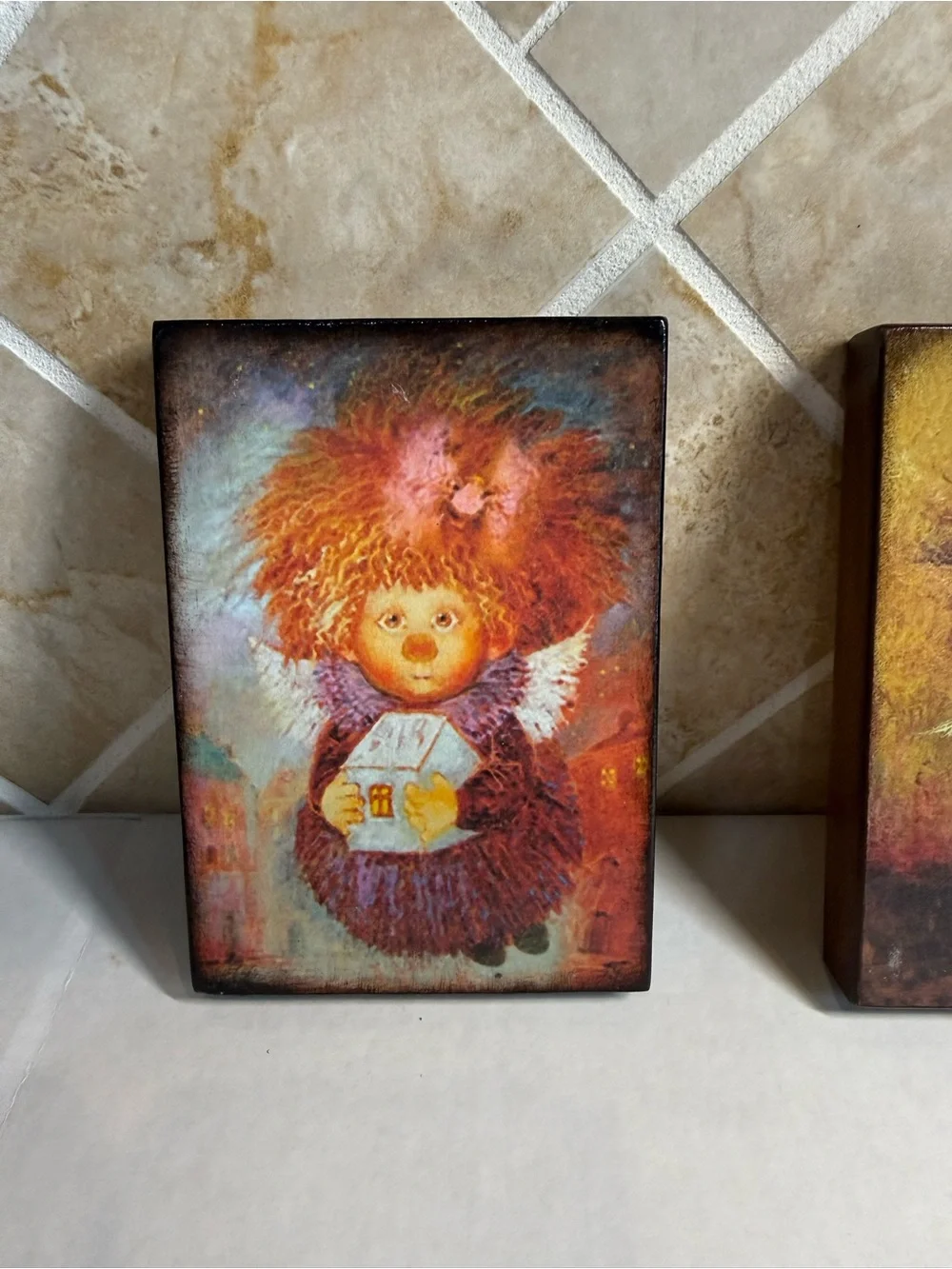 Set of 2 Angel Wood Wall Plaques Folk Art Whimsical Guardian Angel Decor 6”